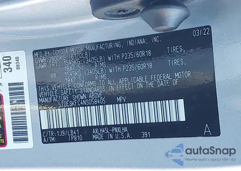 2022 Toyota Sienna Platinum z USA, uszkodzony, nr VIN 5TDESKFC4NS058405